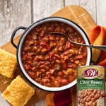 Canned S&W Chilli Beans Pinto in a label featuring red and white design, ready for use in cooking or recipes.
