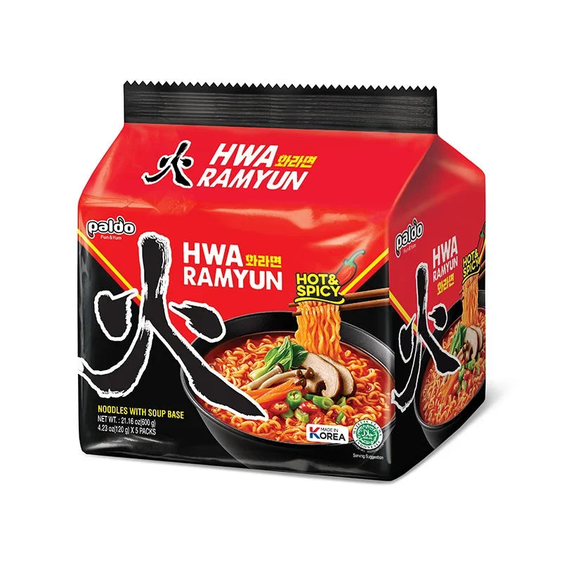 Paldo Hwa Ramyun hot and spicy instant noodles in 120g packages, showing dry ramen with spicy seasoning and noodles.