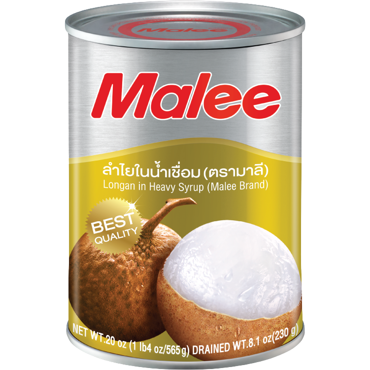 Canned Malee Longan in syrup, Asian grocery product with translucent longan fruit in sweet syrup, packaged in a metal can