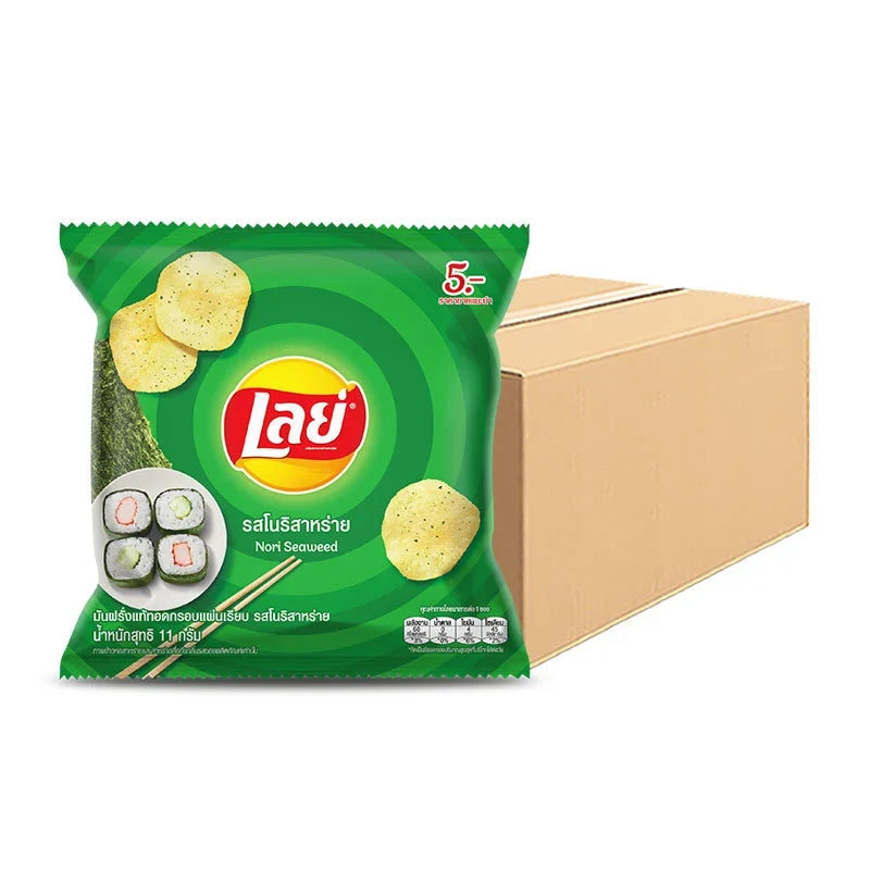 Lay's Classic Potato Chips with Nori Seaweed flavor, 13g snack bag, crispy chips in bright packaging, 144-count box.