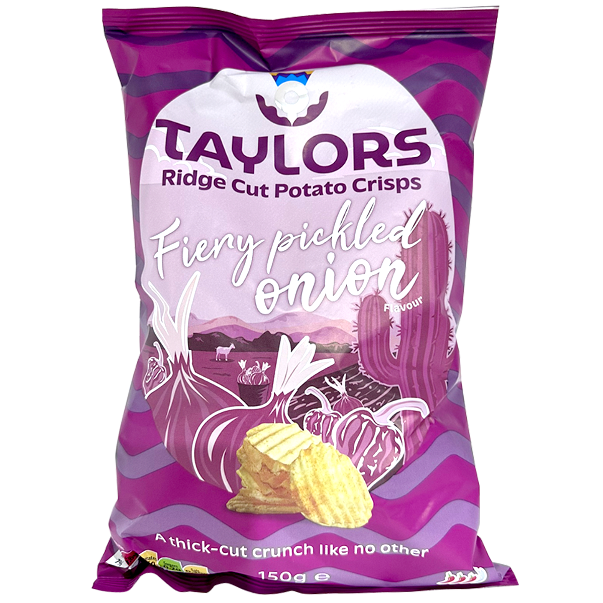 Taylors Fiery Pickled Onion Ridge Cut Potato Crisps in a colorful bag with ridged potato chips visible.