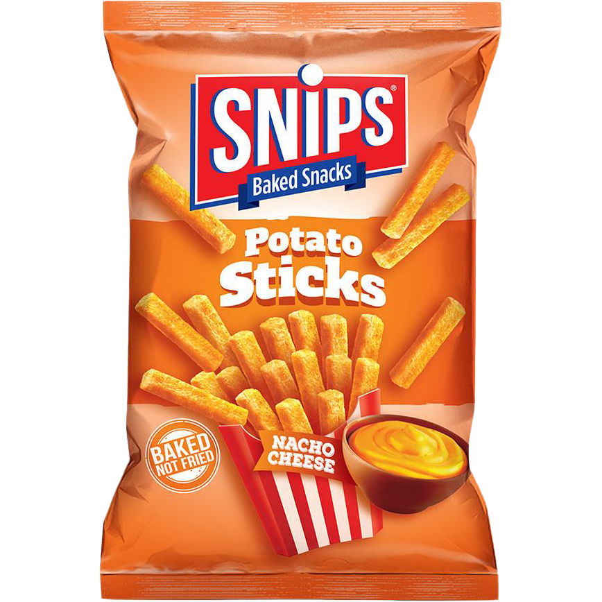 Snips Potato Sticks Nacho Cheese snack bag showing crispy potato sticks coated in cheesy flavor.