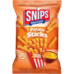 Snips Potato Sticks Nacho Cheese snack bag showing crispy potato sticks coated in cheesy flavor.