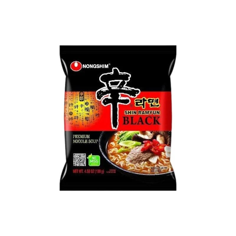 Nongshim Shin Ramyun Black dry noodle soup package, featuring bold branding and spicy noodle flavor in a dry grocery product image.