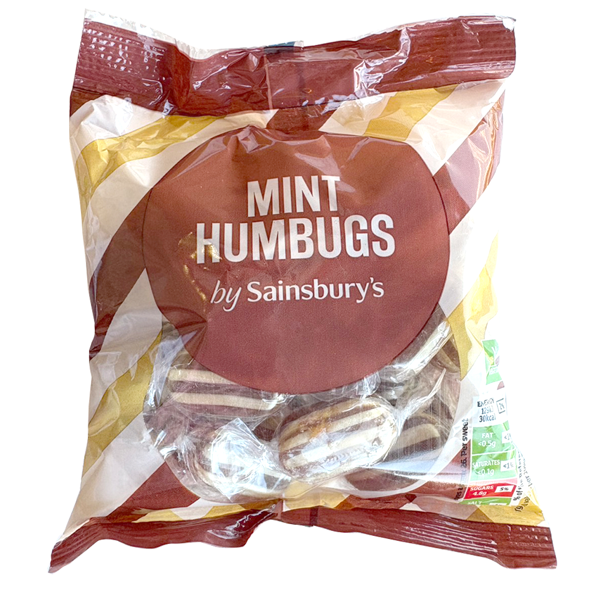 Sainsbury's Mint Humbugs, confectionery snacks, showing striped mint candies with shiny wrappers in a close-up image.