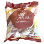 Sainsbury's Mint Humbugs, confectionery snacks, showing striped mint candies with shiny wrappers in a close-up image.