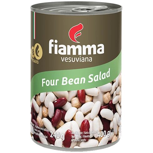 Fiamma Vesuviana Four Bean Salad in a bowl, showing colorful mixed beans and fresh ingredients on a white background.
