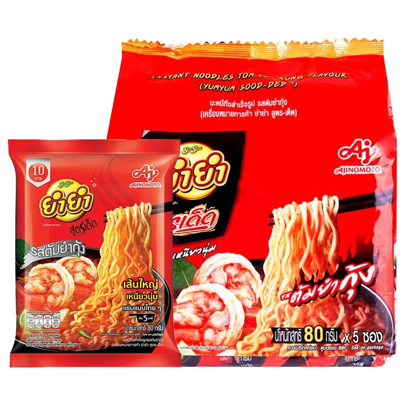 YUMYUM Instant Noodle Tom Yum Kung, 80g x5 pack, dry grocery Asian noodle product with spicy shrimp flavor in a clear plastic package.