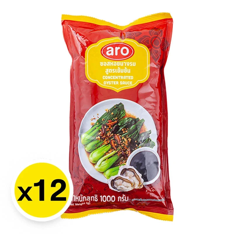 A box of 12 ARO Concentrate Oyster Sauce 1kg bottles, showing the dark brown sauce in clear plastic bottles with labels.
