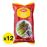 A box of 12 ARO Concentrate Oyster Sauce 1kg bottles, showing the dark brown sauce in clear plastic bottles with labels.