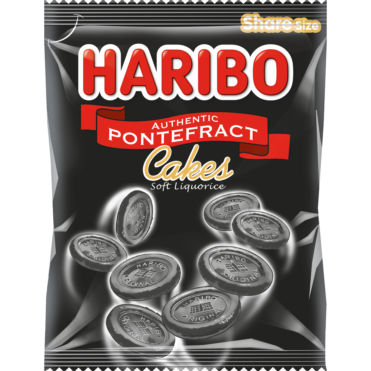 Haribo Pontefract Cakes confectionery snacks in a colorful bag, showcasing the chewy, fruit-flavored licorice candies.