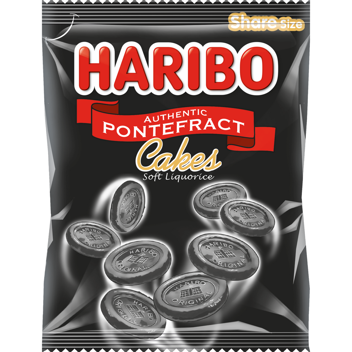 Haribo Pontefract Cakes confectionery snacks in a colorful bag, showcasing the chewy, fruit-flavored licorice candies.
