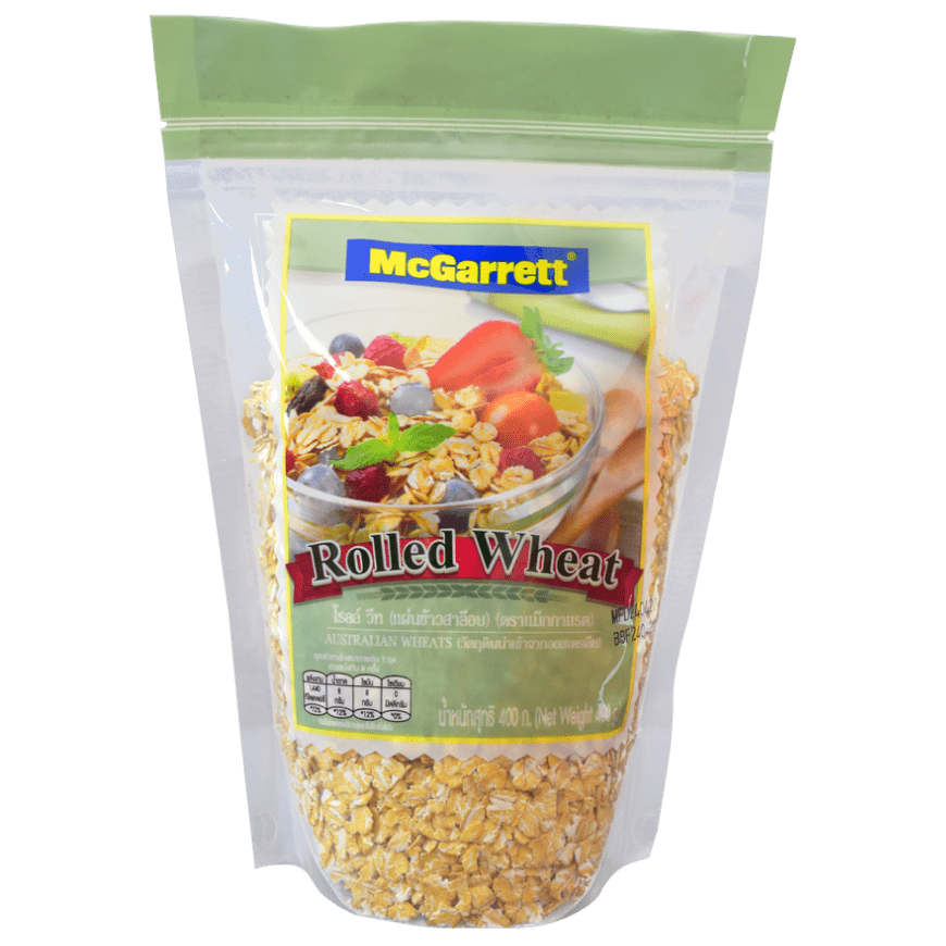 McGarrett Rolled Wheat cereal in a package, showing the product label and branding for a healthy breakfast option.