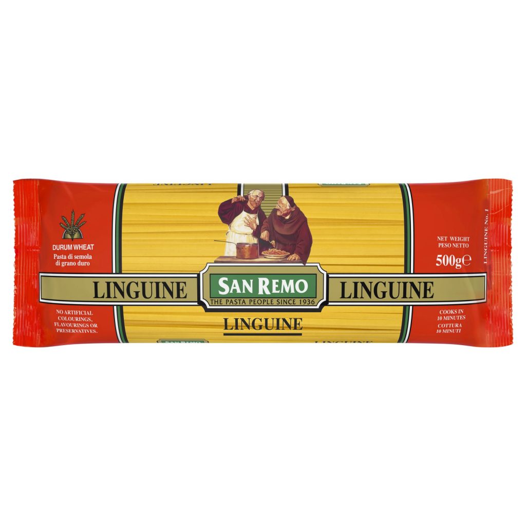 San Remo Linguine pasta in a clear grocery package, showcasing long, thin pasta strands ready for cooking.