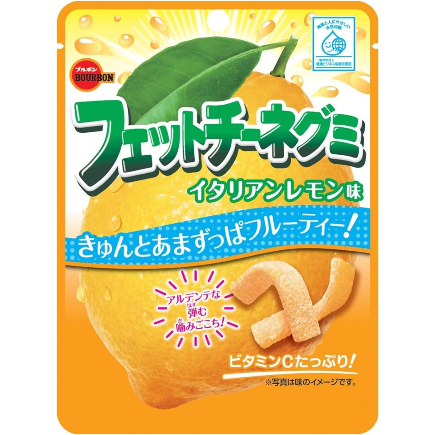 Bourbon Fettuccine Gummi Italian Lemon Aji confectionery snack with lemon-flavored gummy pasta in a clear package