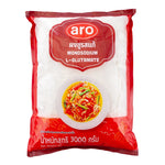 ARO Monosodium Glutamate 3kg in a clear plastic bag, used as a flavor enhancer in dry grocery cooking ingredients.