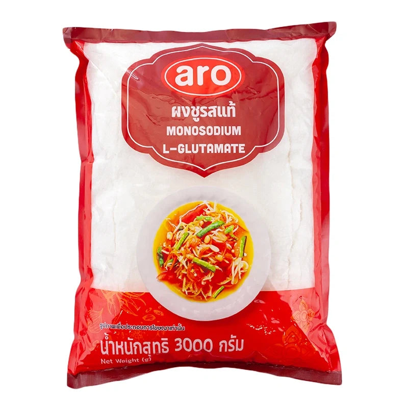 ARO Monosodium Glutamate 3kg in a clear plastic bag, used as a flavor enhancer in dry grocery cooking ingredients.