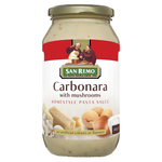 San Remo Pasta Sauce Carbonara jar, smooth creamy sauce with specks of black pepper, ready to serve with pasta.