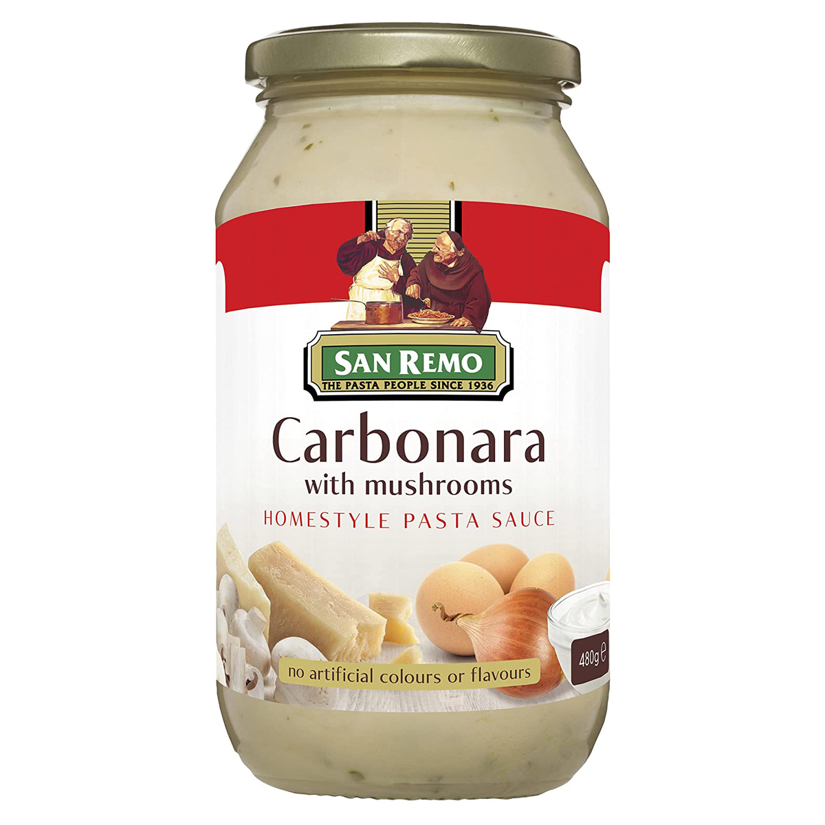 San Remo Pasta Sauce Carbonara jar, smooth creamy sauce with specks of black pepper, ready to serve with pasta.