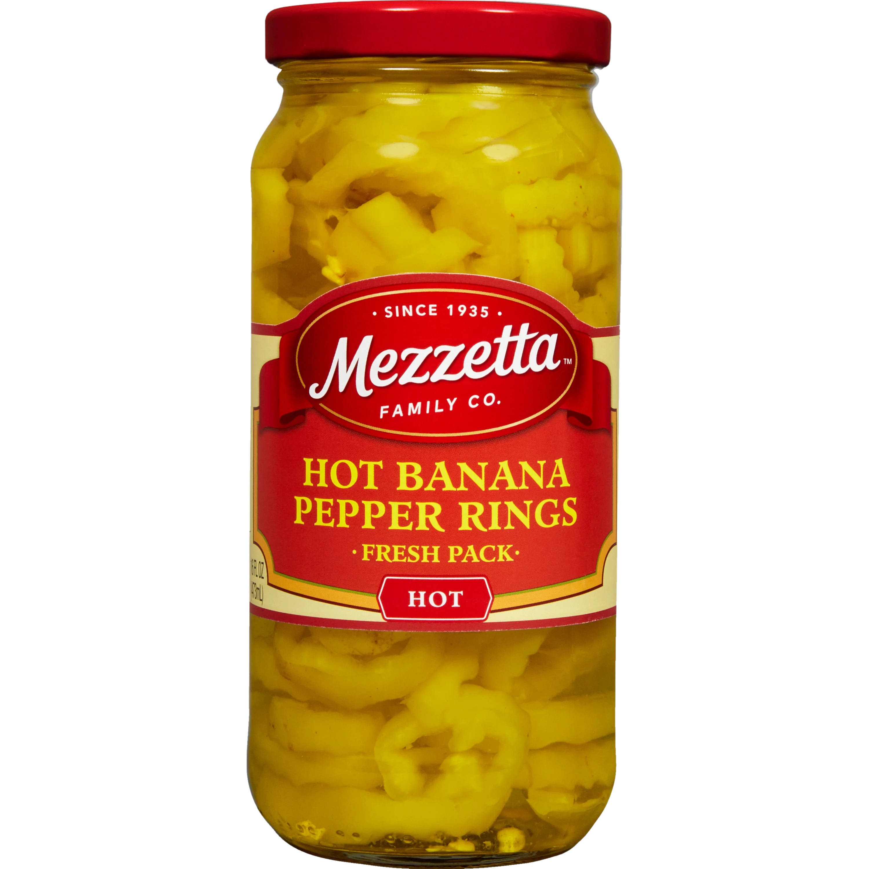 Mezzetta Hot Pepper Rings in a jar, vibrant red chili pepper slices for adding spice to dishes.
