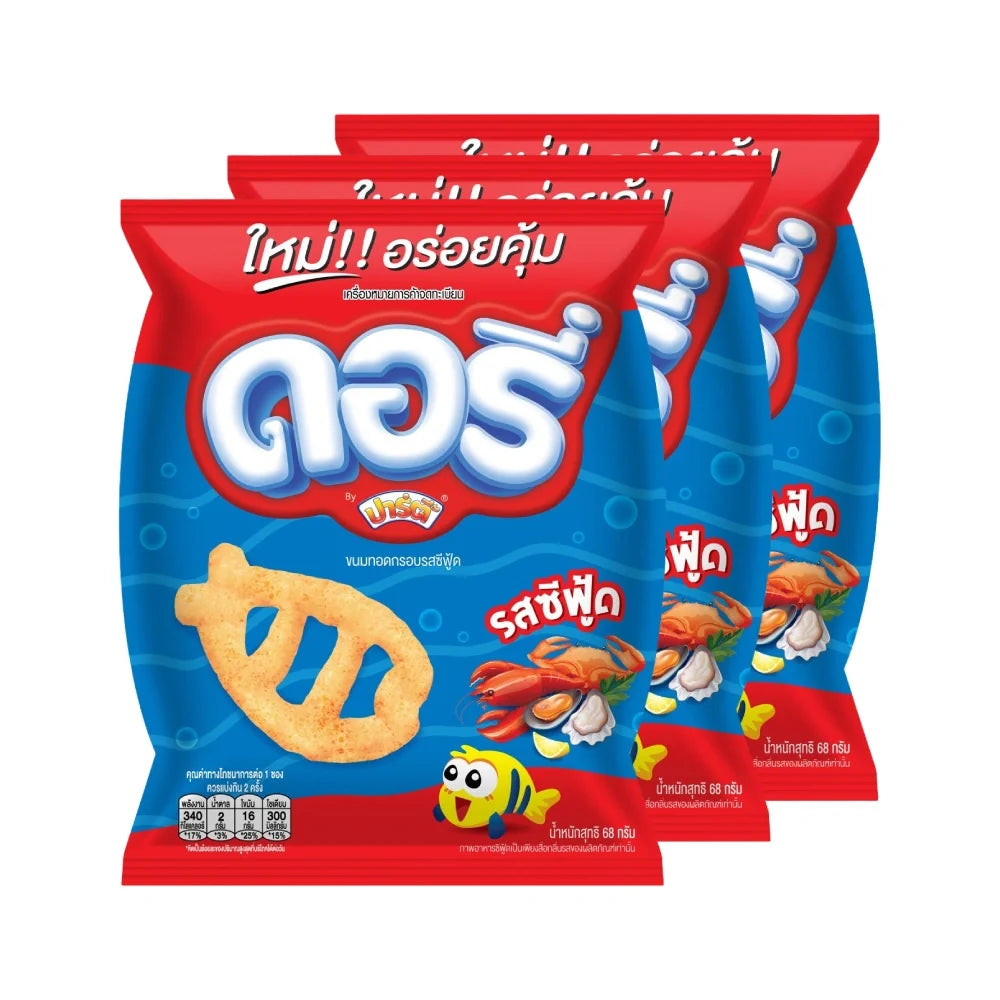 Dory Seafood Snacks, 68g x3 packs, featuring dried seafood confectionery in colorful packaging, ideal for snack lovers