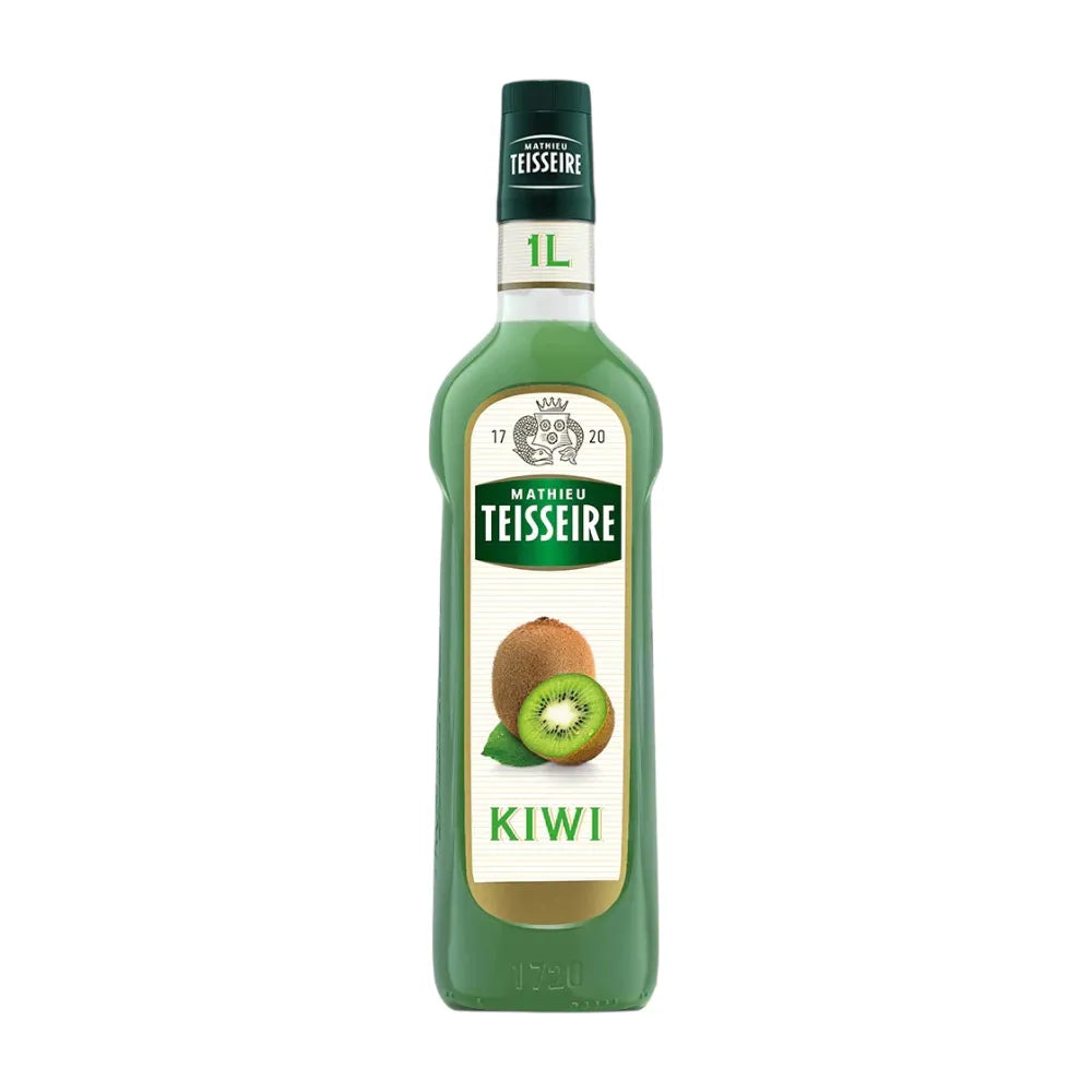 Mathieu Teisseire Kiwi Syrup 1000ml bottle, ideal for beverages and desserts, with vibrant green kiwi flavor showcasing on the label.