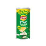 LAYS STAX Sour Cream & Onion snack pack, crispy potato chips in 65g bags, stacked for display.