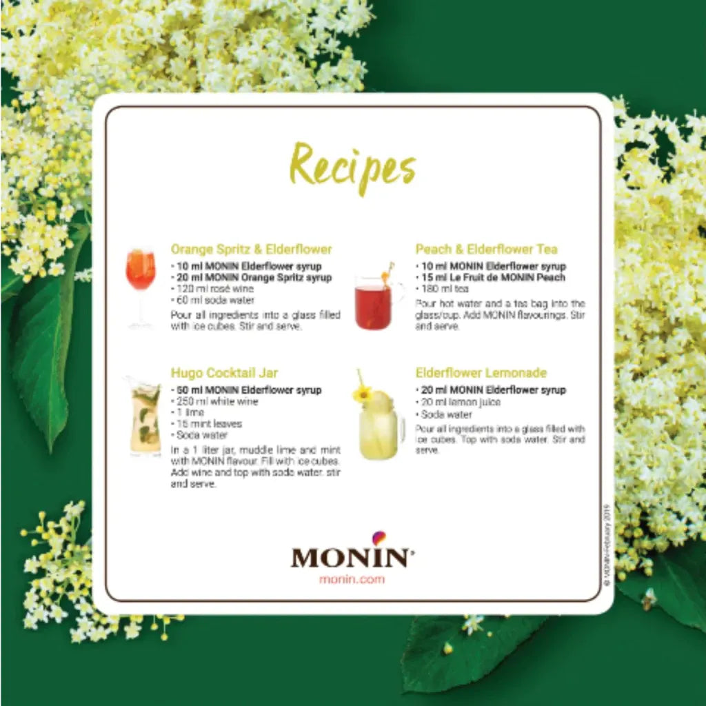 Bottle of MONIN Elder Flower Syrup 700ml for dry grocery, with a clear label and elegant packaging.