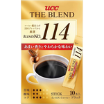 Ucc The Blend 114 instant coffee drink in a cup with a frothy surface, showcasing rich coffee flavor and brand logo.