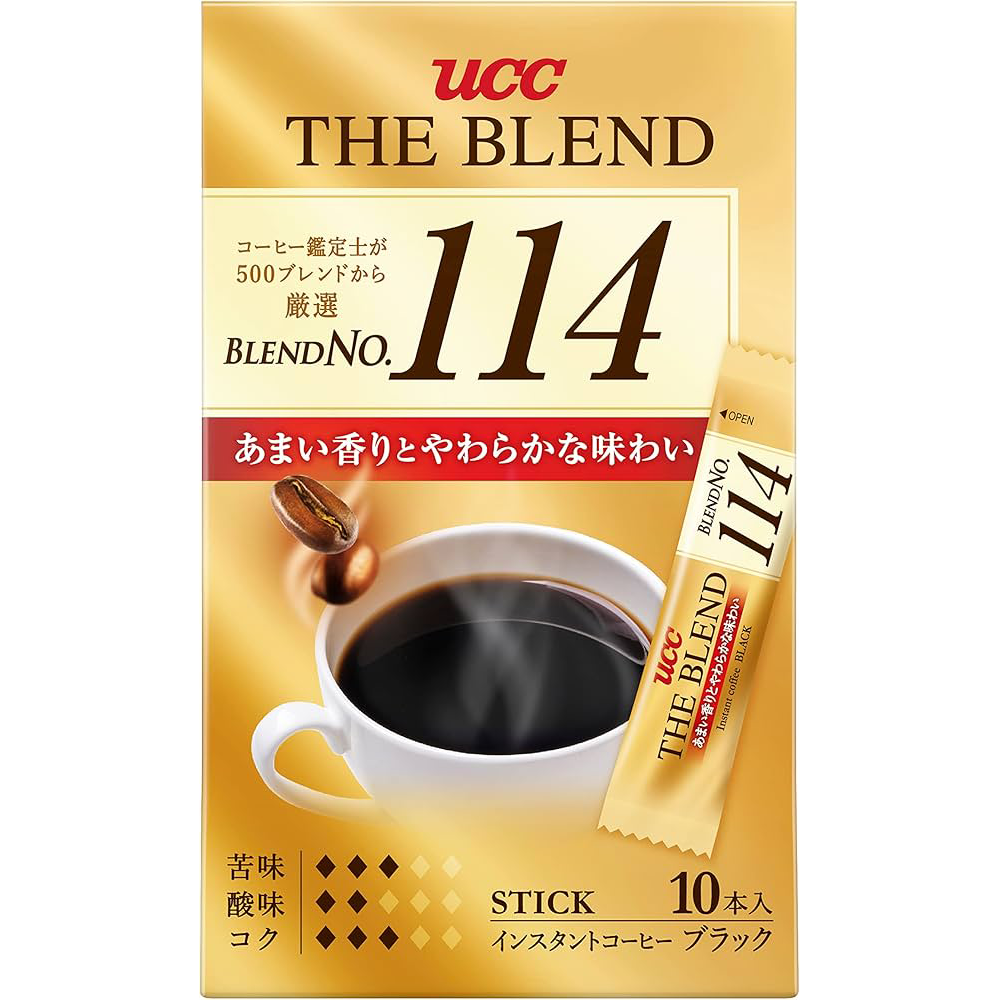 Ucc The Blend 114 instant coffee drink in a cup with a frothy surface, showcasing rich coffee flavor and brand logo.