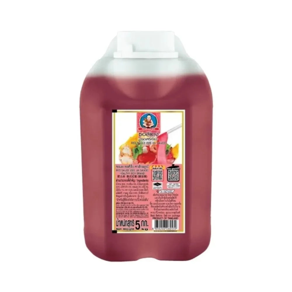 Deksomboon Red Sauce 5kg jar, a popular dry grocery product with rich tomato flavor, in a large plastic container.