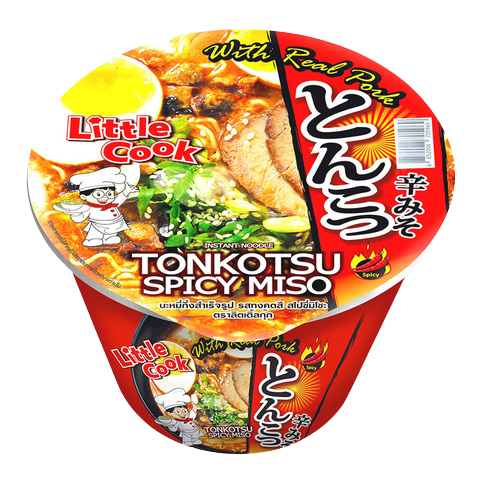 Little Cook Tonkotsu Miso instant noodle pack with spicy seasoning, ready-to-eat grocery snack in a colorful package.