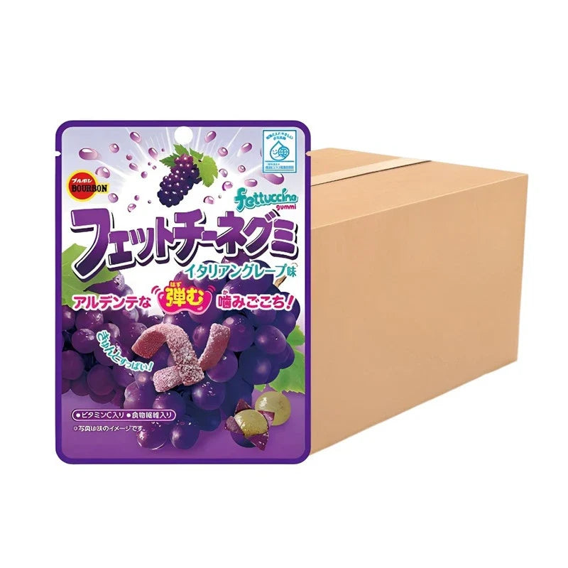 Bourbon Fettuccine Gummy candies with concentrated grape juice, a dry snack confectionery in colorful, twisted gummy strips.