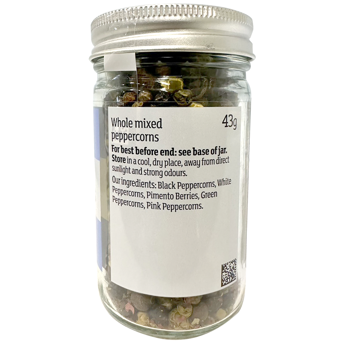 Sainsbury's mixed peppercorns in a clear spice jar, showcasing black, white, green, and pink peppercorns for seasoning.