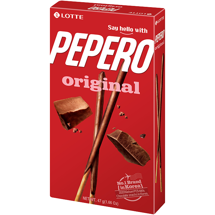 Lotte Pepero Original confectionery snack sticks with chocolate coating and biscuit center, aligned on a white background.