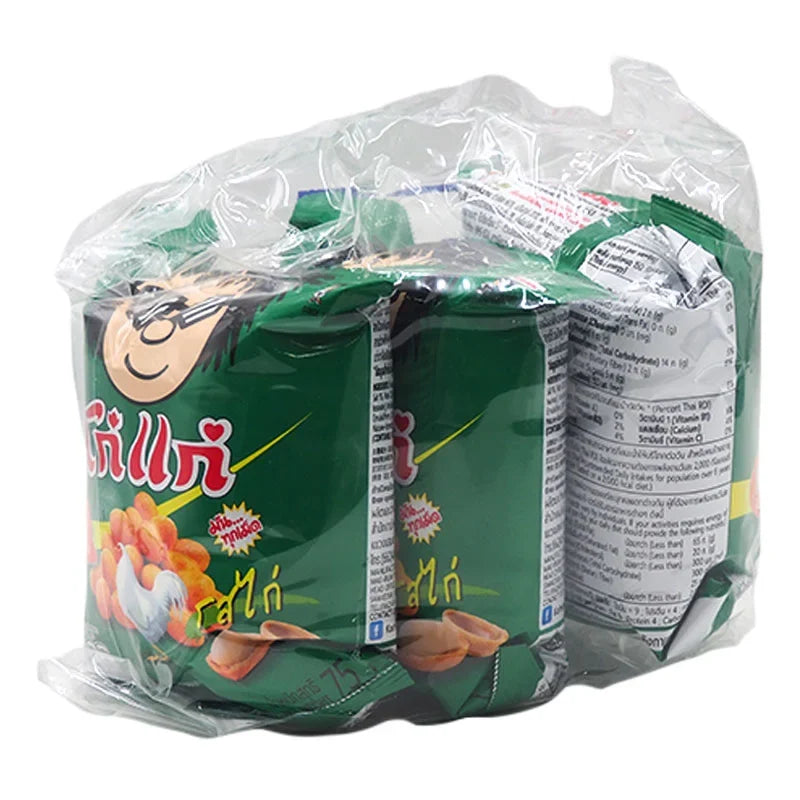 Kohkae Nut Chicken snack pack, 75g x3, dry grocery snack with crunchy nut chicken pieces in a colorful package.