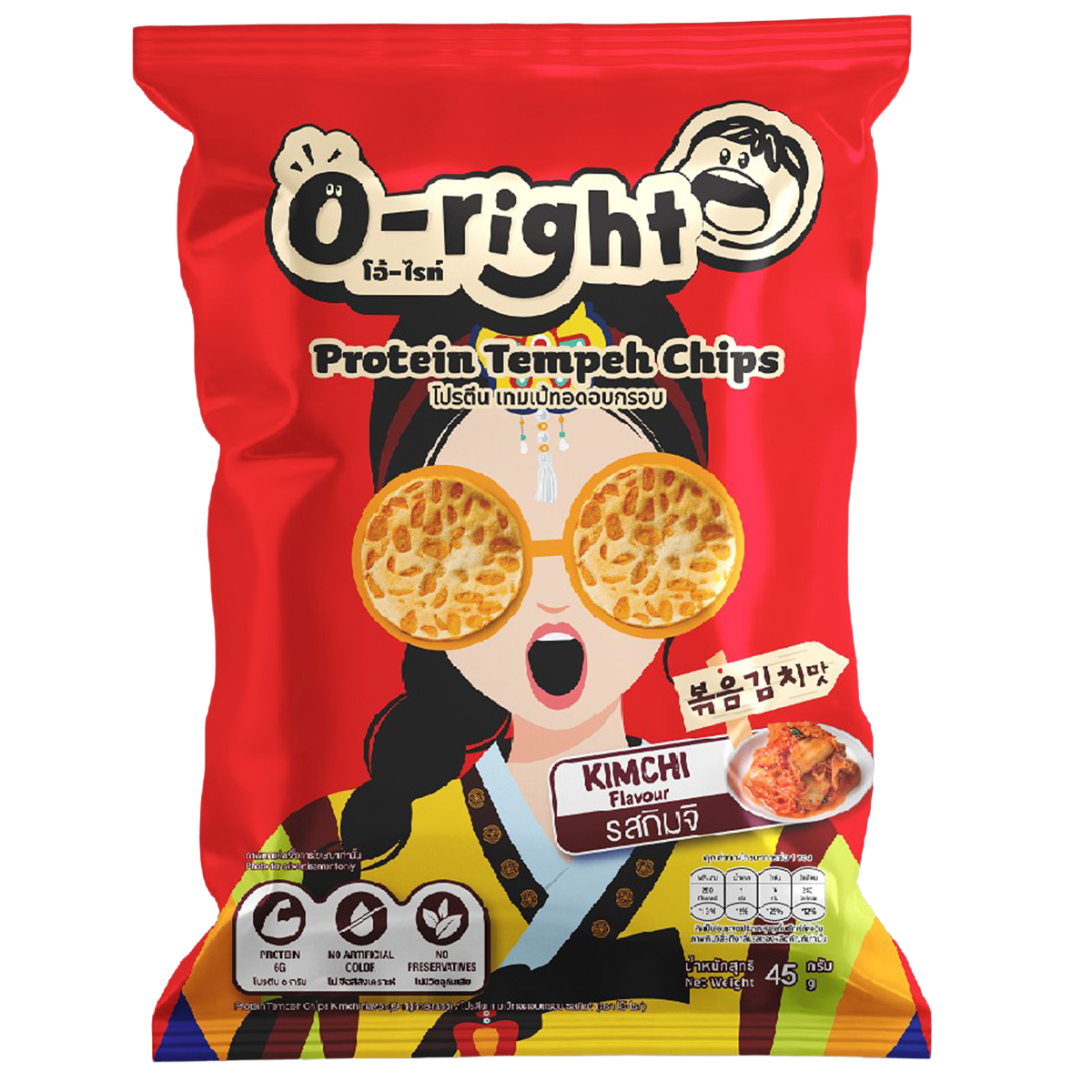 O-Right Protein Tempeh Chips with Kimchi flavor, showing crispy snack pieces topped with spicy fermented kimchi bits.