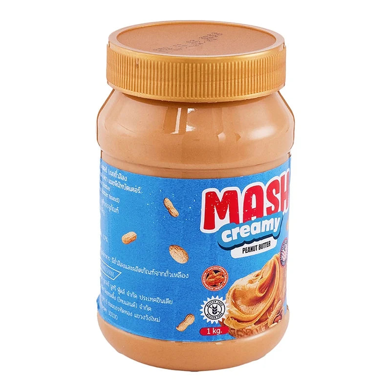 MASH Creamy Peanut Butter 1kg jar, smooth and rich, shown in a clear container with a beige lid on a plain background.