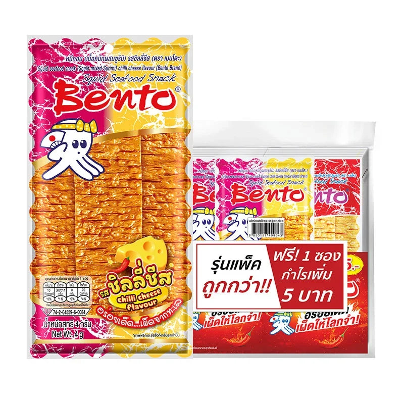 BENTO Cuttlefish Snack Chilli Cheese 4g pack, dry grocery snack with spicy cheese flavor, shown in a colorful package.