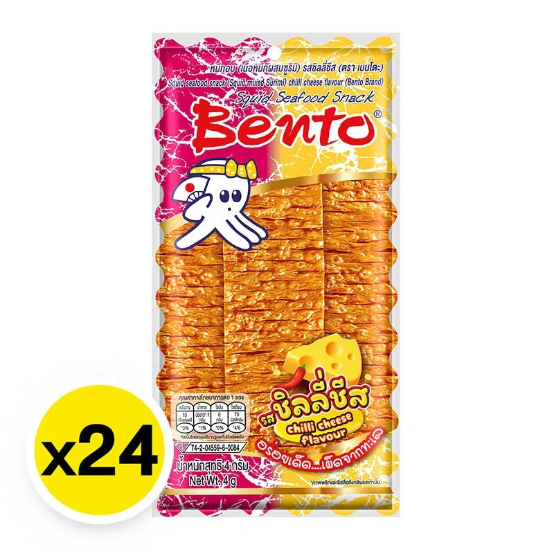 Bento Cuttlefish Snack Chilli Cheese 4g, dry grocery snack with cuttlefish pieces flavored with chili and cheese, 24 packs in the image.