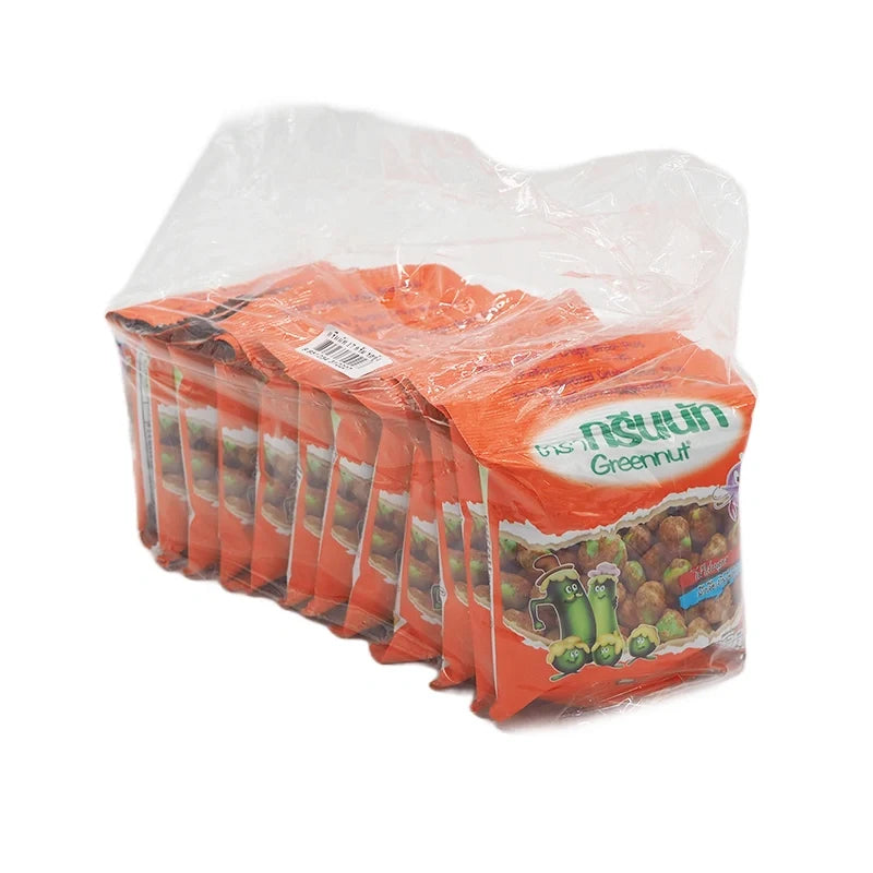 Greennut Crispy Green Peas Shrimp Flavor snack, 17g pack, showing crispy green peas with shrimp seasoning in a clear bag.