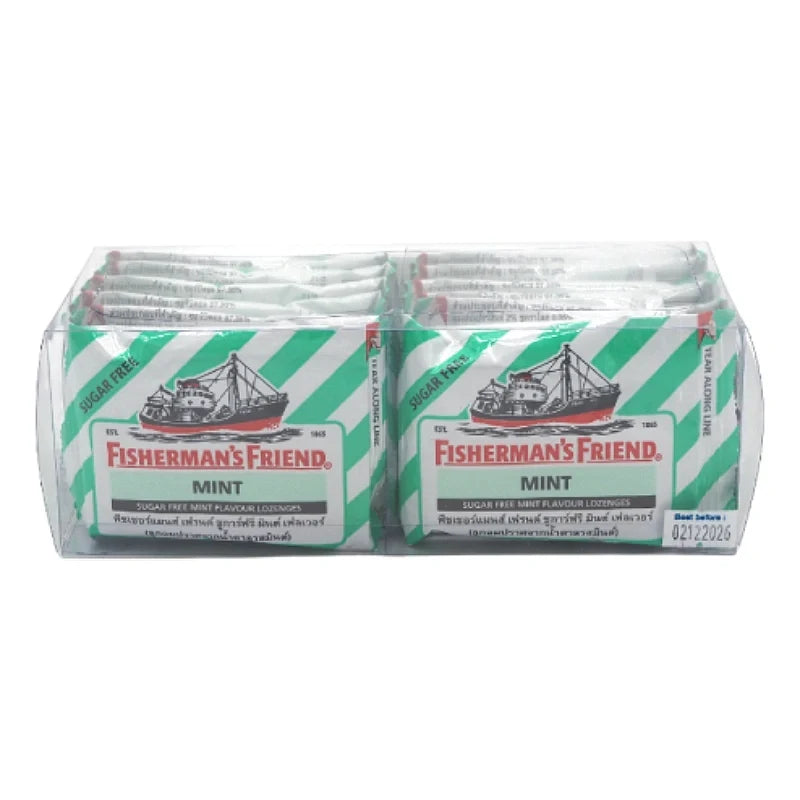 Fishermans Friend sugar-free mint lozenges in a pack of 12, refreshing hard candies for dry grocery and snack options.