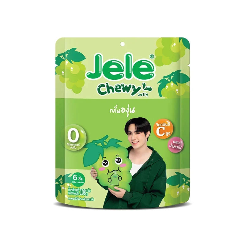 Jele Jelly Chewy Watermelon and Grape snacks, 108g x5, chewy fruit-flavored confectionery in colorful packaging.