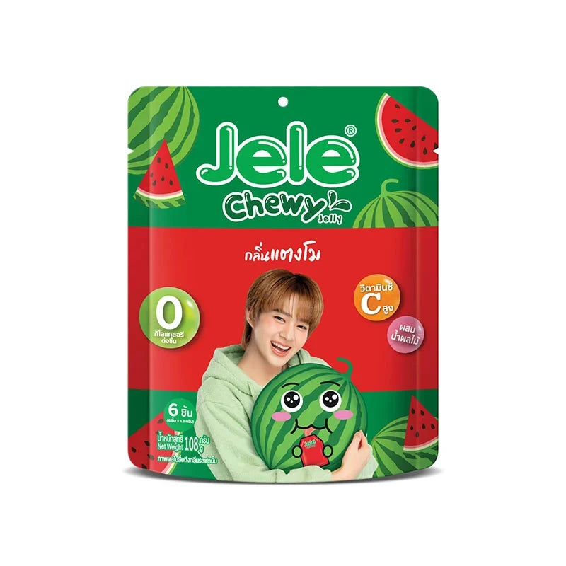 Jele Jelly Chewy Watermelon and Grape snack pack, 108g x5, colorful fruit-flavored chewy candies in a clear package.