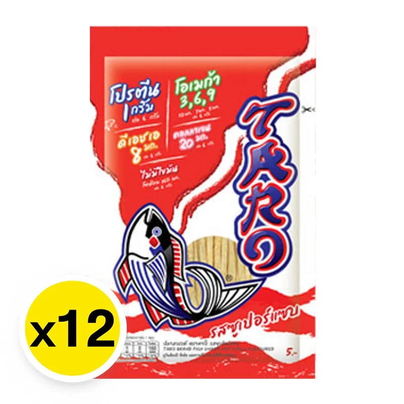 TARO Taro Fish Snack Hot Chili flavor, 5g x12 packs, dry grocery snack with spicy chili seasoning and fish shape, colorful packaging