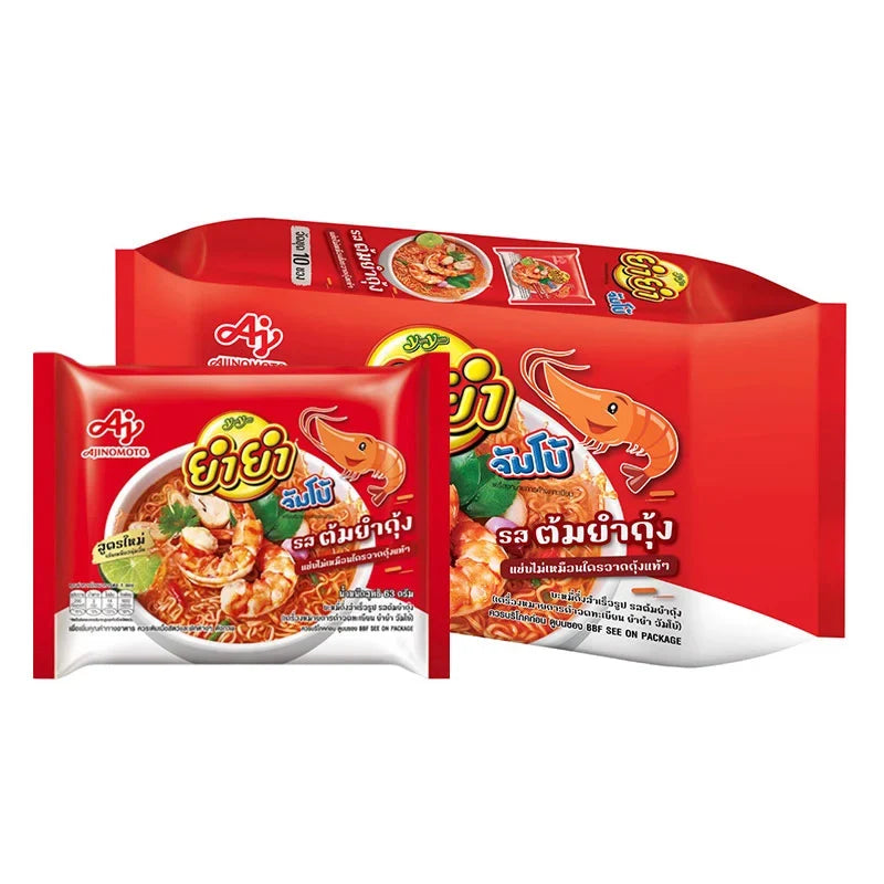 YUMYUM Jumbo Instant Noodle Tom Yum Kung flavor, 63g pack, dry grocery, stacked with noodles and seasoning packets