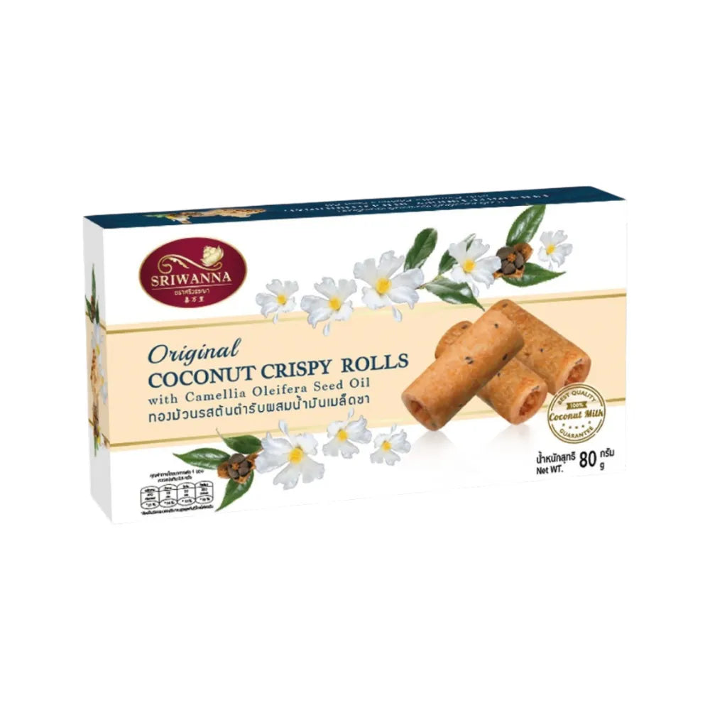Sriwanna Original Thong Muan mixed with tea seed oil, 80g, traditional Thai snack confectionery with crispy, chewy texture.