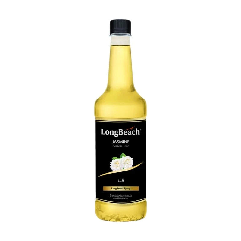 LongBeach Jasmine Syrup 740ml bottle, dry grocery product with clear label and transparent cap on a plain background.