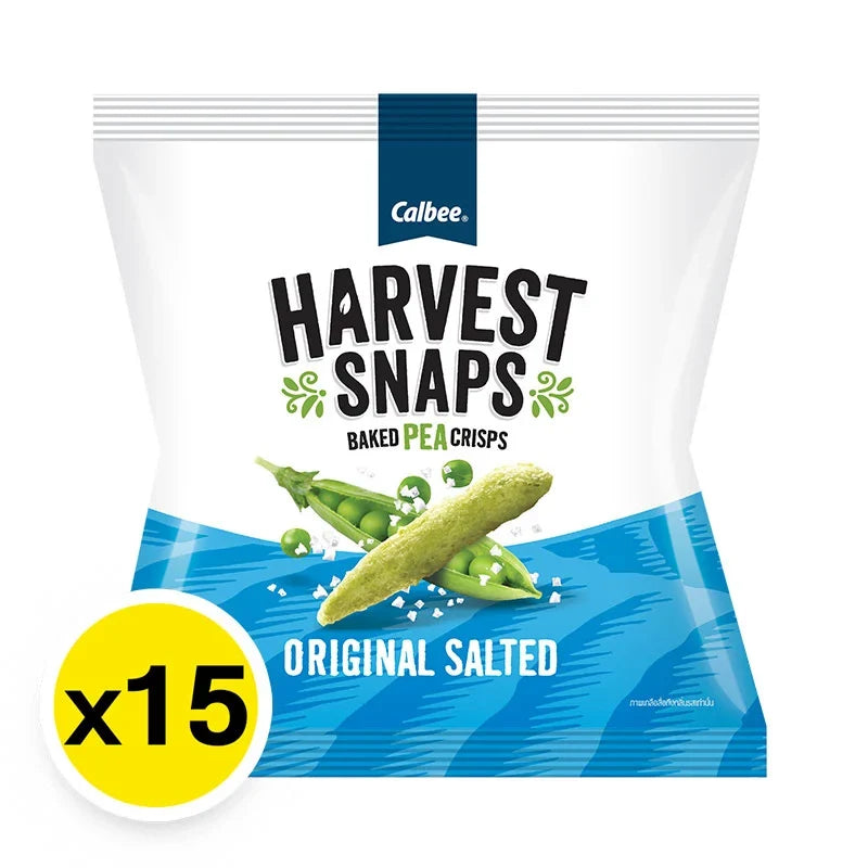 Calbee Harvest Snaps Plant-Based Snack 18g pack showing crispy snack shells in a clear bag, perfect for healthy snack options