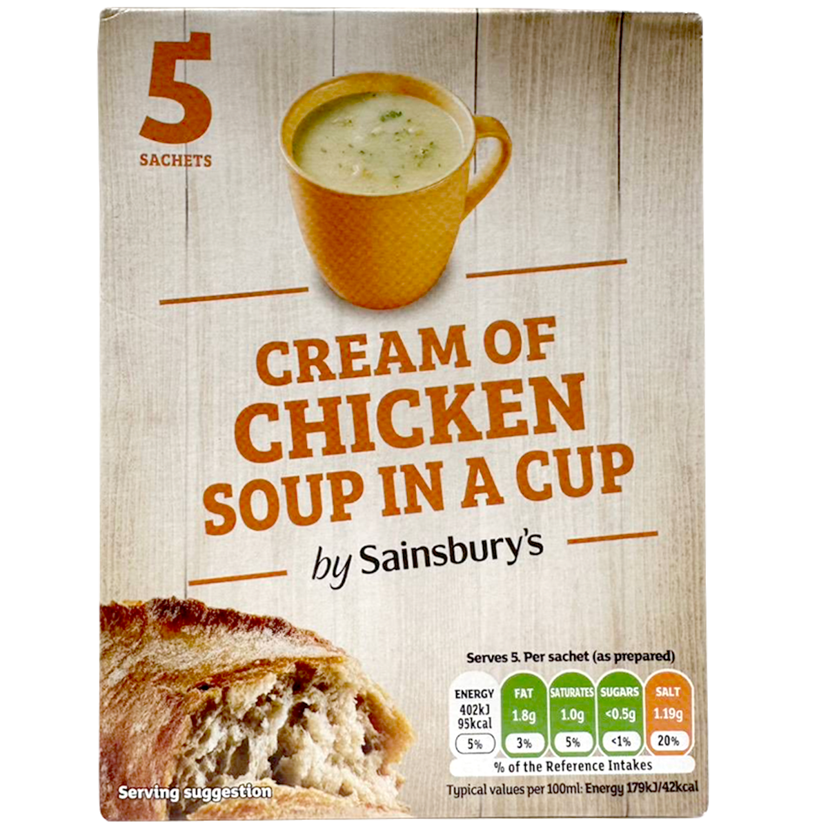 Sainsbury's Cream of Chicken Soup in a cup, ready-to-eat grocery product with creamy chicken soup visible in a convenient cup.